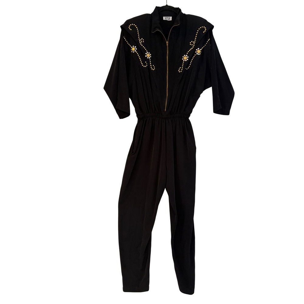 Vintage Rio Inc Black Jumpsuit Womens 80s Studded Embellished Batwing Sleeve Zip